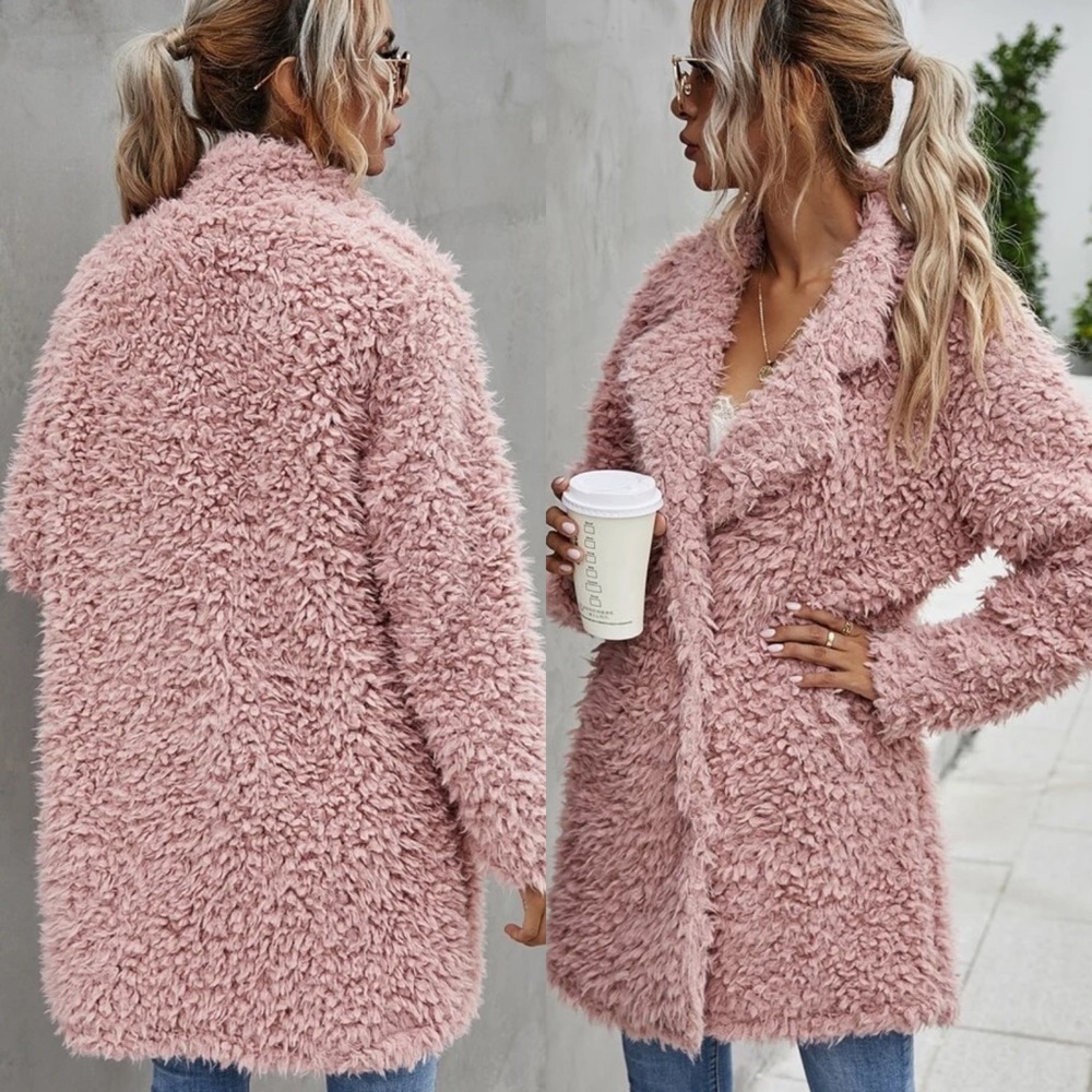 Pink fluffy teddy coat overcoat blush faux fur - Picture 3 of 3